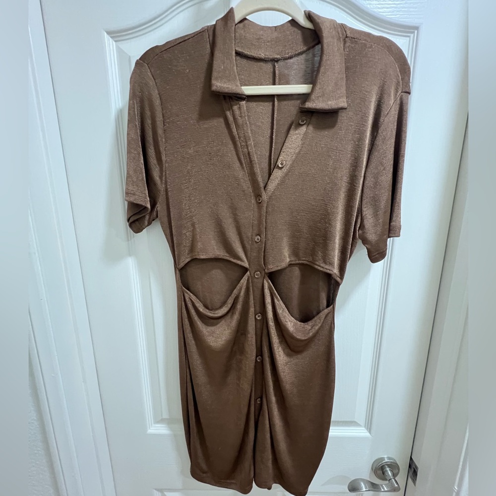 Brown Cutout Mini Dress with Collar